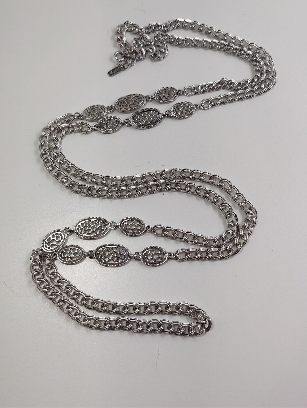 Vintage Monet Long Silver Tone Necklace 50” Statement Chain Signed Designer